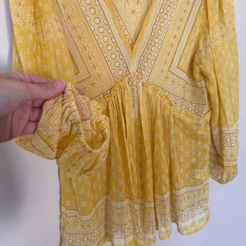 Rose + Olive Yellow Sheer Boho Blouse Flowy Peasant Top Size S - Picture 5 of 6
